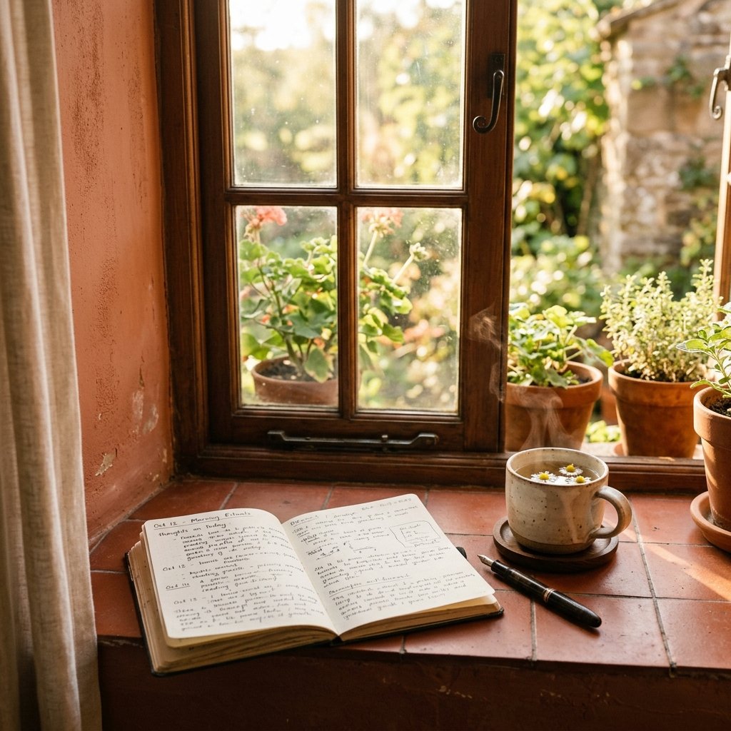 Warm morning light on a terracotta windowsill — notebook, pen, chamomile tea