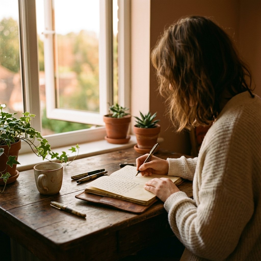 Warm desk scene — woman writing in a journal in morning terracotta light, soft focus