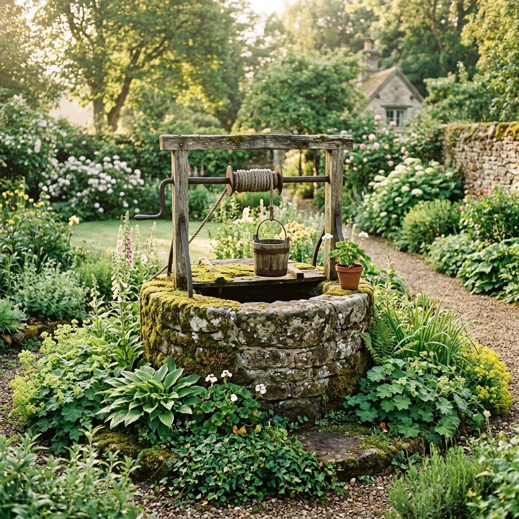 Peaceful garden well in morning light — stone, moss, soft terracotta warmth